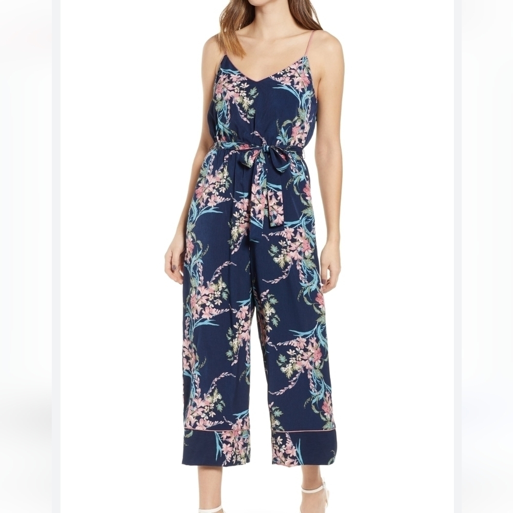 Leith Wide Legged Floral‎ Navy and Pink Piped Camisole Jumpsuit Size XS